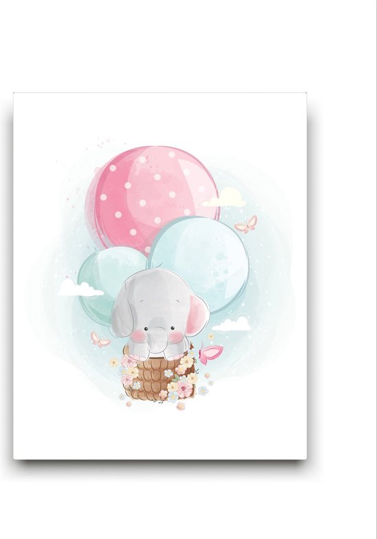 Schilderij  Olifant in een Luchtballon Cute - Kinderkamer - Dieren Schilderij - Babykamer / Kinder Schilderij - Babyshower Cadeau - Muurdecoratie - 40x30cm - FramedCity