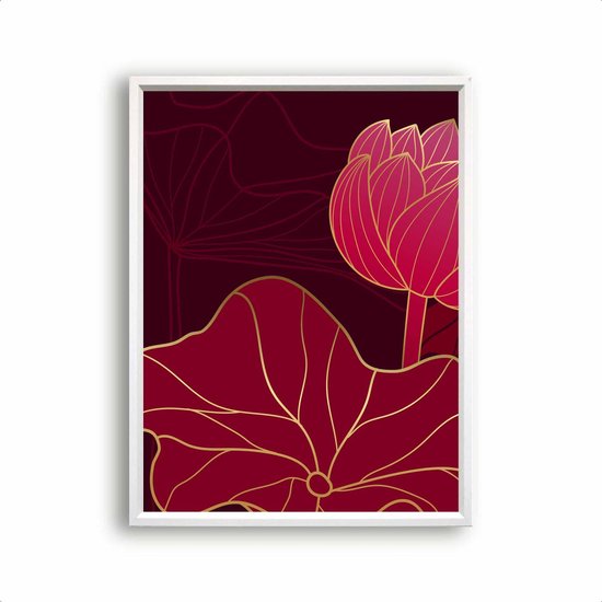 Poster Rood gouden lotus en bladeren botanisch - Links / Planten / Bladeren / 30x21cm