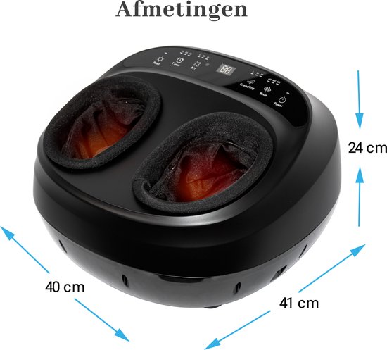 Afmetingen van een zwart El Suvon voetmassageapparaat: 40 cm, 41 cm en 24 cm.