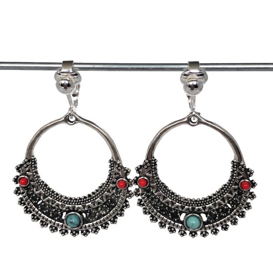 Clips oreilles - Bohème - Ibiza - Boucles d'oreilles pendantes - Ring - Rouge - Turquoise - MNQ bijoux