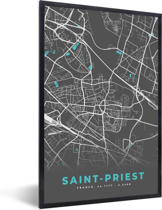 Fotolijst incl. Poster - Saint-Priest - Stadskaart - Kaart - Plattegrond - Frankrijk - 40x60 cm - Posterlijst