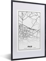 Fotolijst incl. Poster Zwart Wit- Kaart - Stadskaart - Pau - Frankrijk - Plattegrond - Zwart wit - 40x60 cm - Posterlijst
