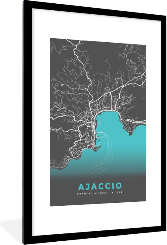 Fotolijst incl. Poster - Kaart – Stadskaart – Frankrijk - Ajaccio - Plattegrond - Corsica - 80x120 cm - Posterlijst