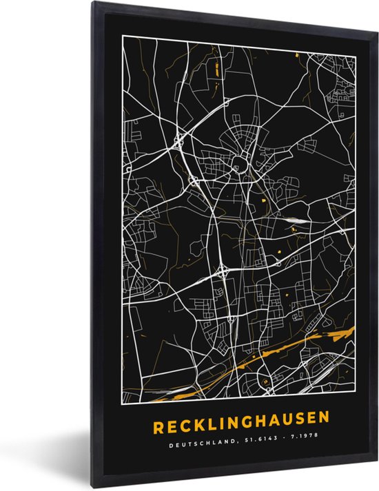Fotolijst incl. Poster - Goud – Duitsland – Plattegrond – Gold – Stadskaart – Kaart – Recklinghausen - 20x30 cm - Posterlijst