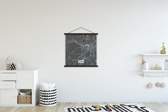 Porte-affiche avec affiche - Affiche scolaire - Plan de la ville - Carte - Allemagne - Blauw - Ulm - Carte - 60x60 cm - Lattes noires