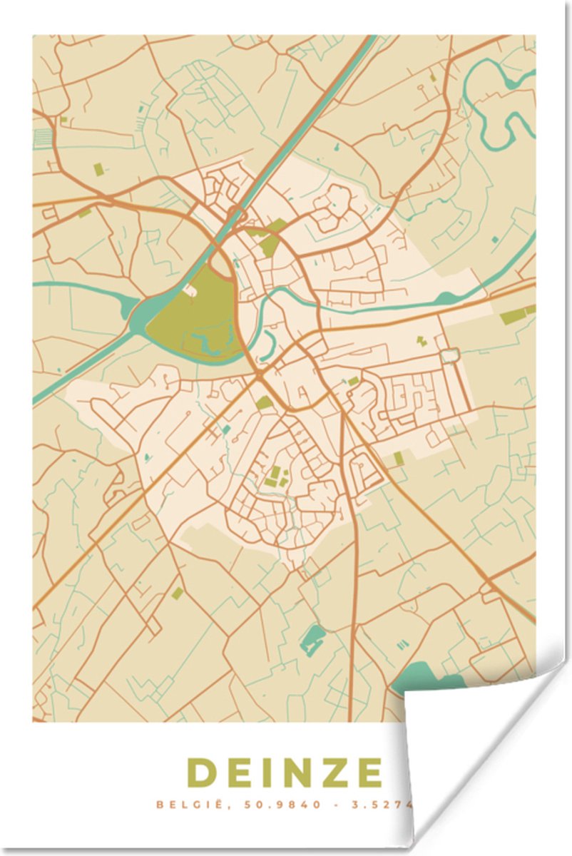 Poster Kaart - Deinze - Plattegrond - Vintage - Stadskaart - 80x120 cm ...