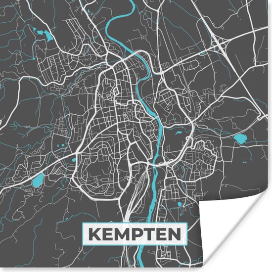 Poster Stadskaart – Plattegrond – Duitsland – Blauw – Kempten – Kaart - 75x75 cm