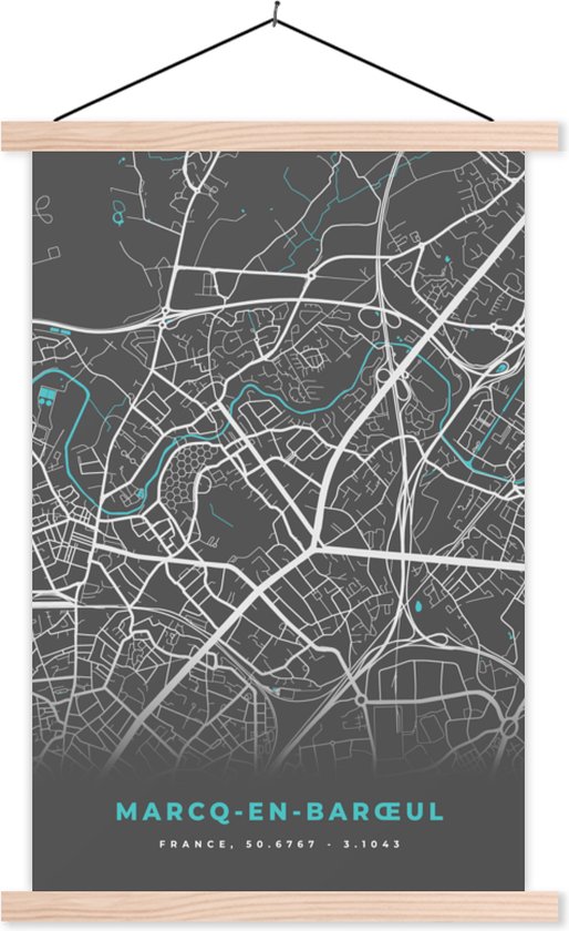 Porte-affiche avec affiche - Affiche scolaire - Marcq-en-Barœul - Plan de ville - Carte - Plan - France - 60x90 cm - Lattes vierges