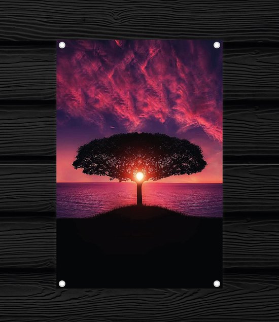 Tuinposter Levensboom zonsondergang 40x60cm - Tuindoek - Buiten poster - Schuttingposter - balkonposter - Tuin decoratie - veranda decoratie - wanddecoratie- verjaardag - moederdag cadeau