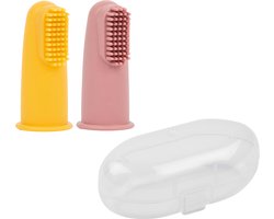 Nattou Silicone - Vingertandenborstel voor Baby Set met Opbergdoosje - 2 Stuks - Geel/Roze