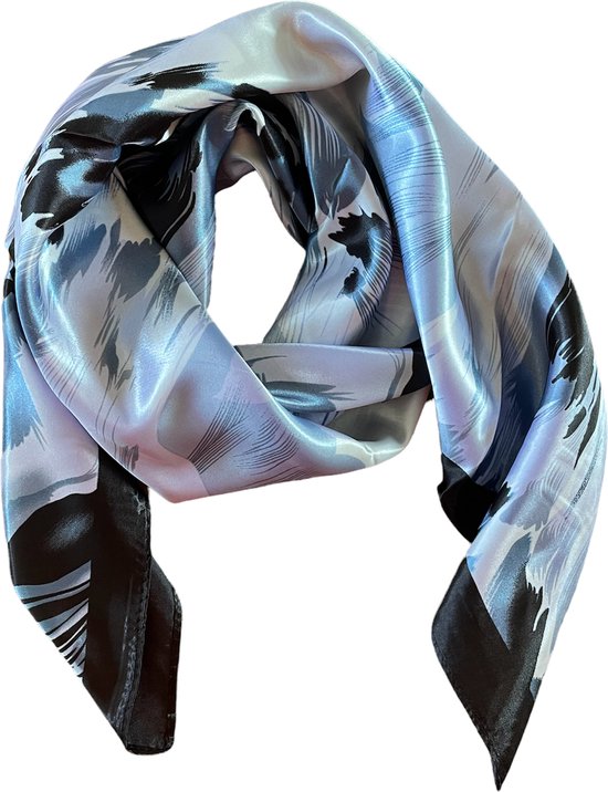 Satijnen Sjaal ASTRADAVI - Licht & Zacht Mooie Zomersjaals voor de Hals of Haar - 90 x 90 cm - Kleur Zwart, Wit & Blauw - Cadeau Idee