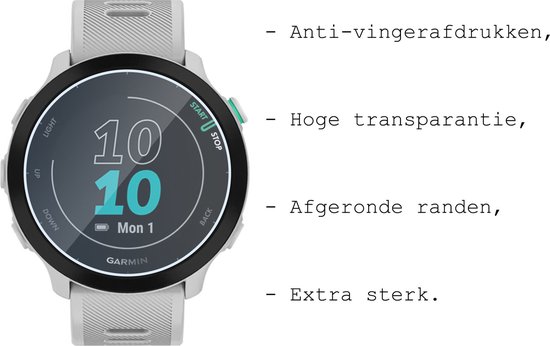 Garmin Forerunner 55 smartwatch met tekst: Anti-vingerafdrukken, Hoge transparantie, Afgeronde randen, Extra sterk.