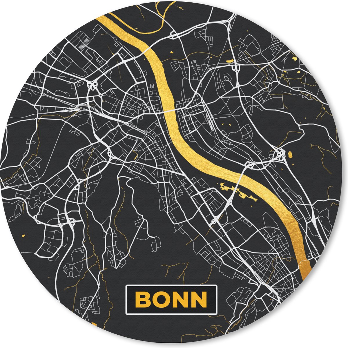 Muismat - Mousepad - Rond - Bonn - Stadskaart - Plattegrond - Kaart - Goud - Duitsland - 50x50 cm - Ronde muismat