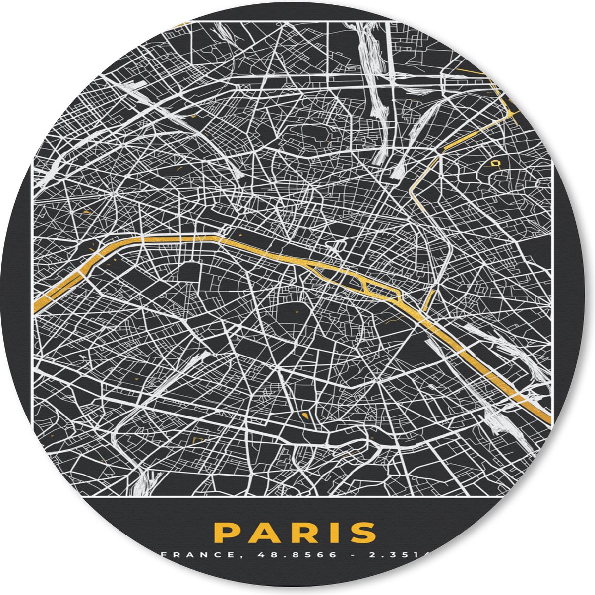 Muismat - Mousepad - Rond - Paris - Stadskaart – Plattegrond – Kaart – Frankrijk - 50x50 cm - Ronde muismat