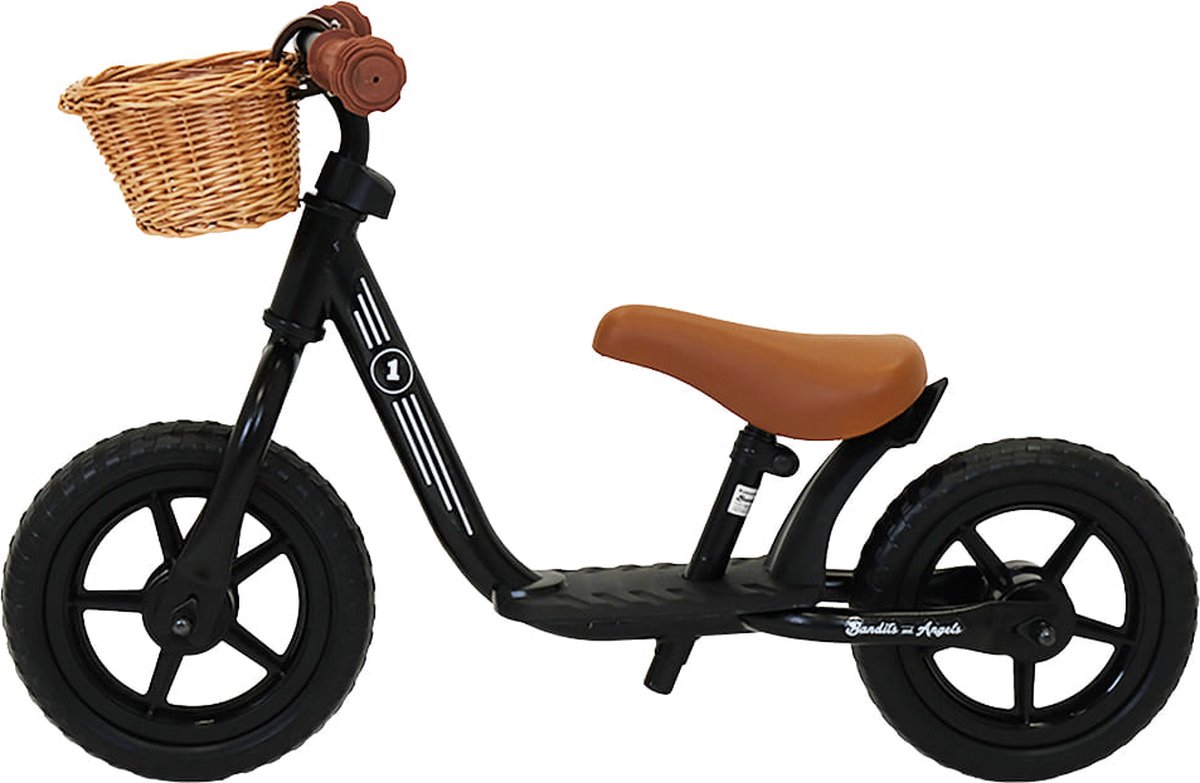 Bandits & Angels Metalen Loopfiets Met Mandje Starter Zwart met Voetenplank vanaf 2 Jaar - Limited Edition - Zwarte Loop Fiets - Verstelbaar Zadel 29 tot 39 cm - Voor Jongens en Meisjes - Compact en Veilig - Lage Instap met Voetenplank — afbeelding 4