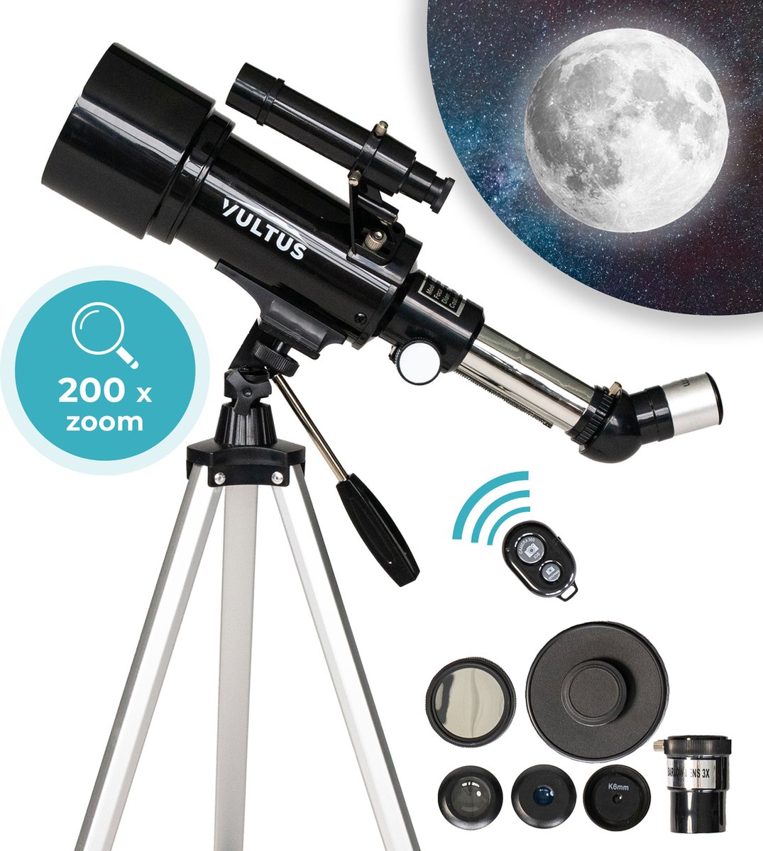 Vultus Telescoop - 200x Vergroting - Sterrenkijker Beginners / Volwassenen / Gevorderden - Inclusief Statief en Draagtas - 40070 - Vultus Lunus - Vultus