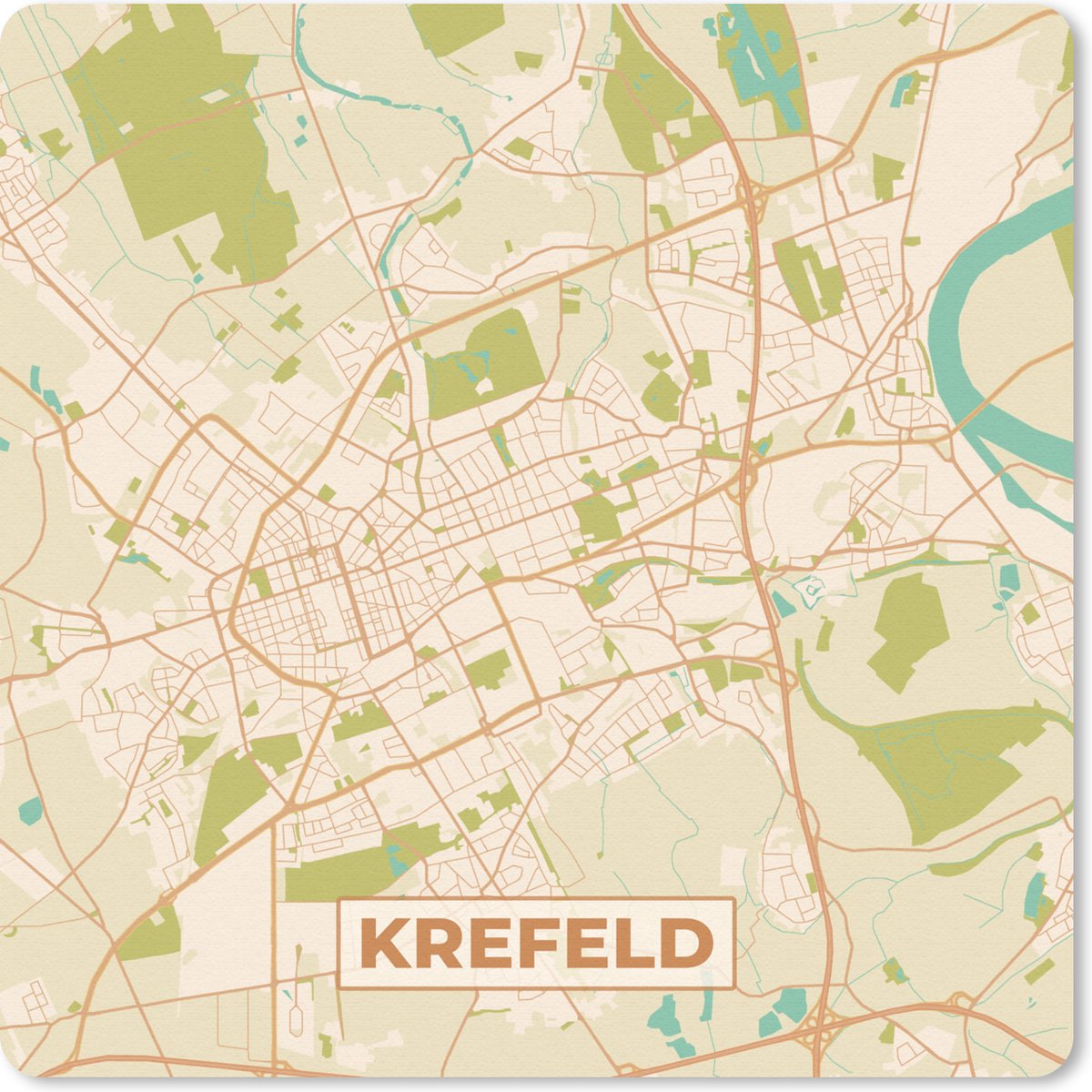 Muismat 30x30 cm - Mousepad Krefeld - Plattegrond - Kaart - Vintage - Stadskaart - Muismatten - Stadskaart
