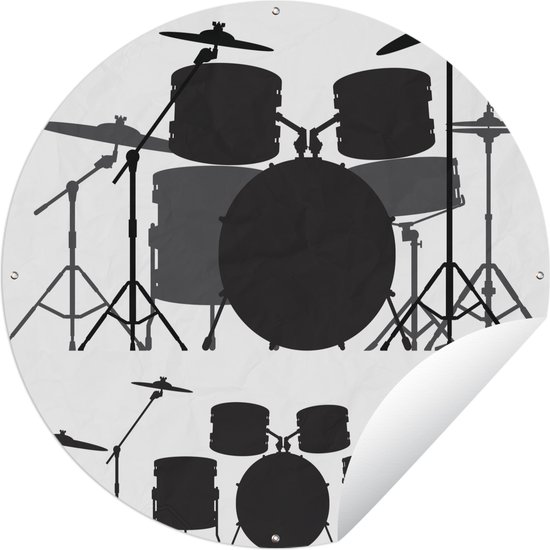 Tuincirkel Illustratie van een silhouet van een drumstel in zwart-wit - 120x120 cm - Ronde Tuinposter - Buiten XXL / Groot formaat!