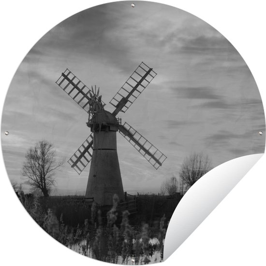 Tuincirkel Silhouet van een molen in Nationaal park The Broads in zwart wit – 120×120 cm – Ronde Tuinposter – Buiten – XXL