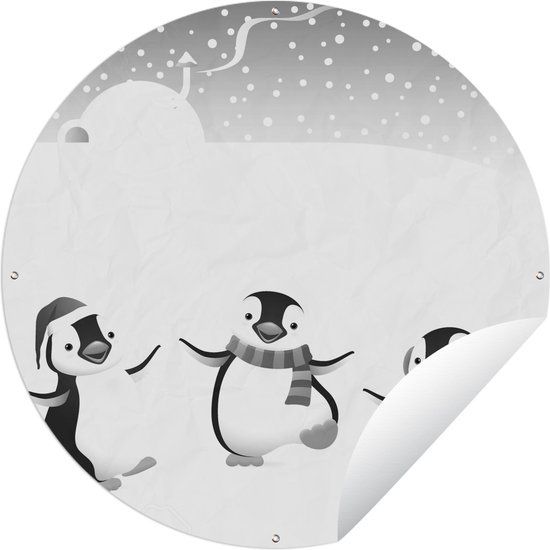 Tuincirkel Een illustratie van drie pinguïns in de sneeuw - zwart wit - 60x60 cm - Ronde Tuinposter - Buiten