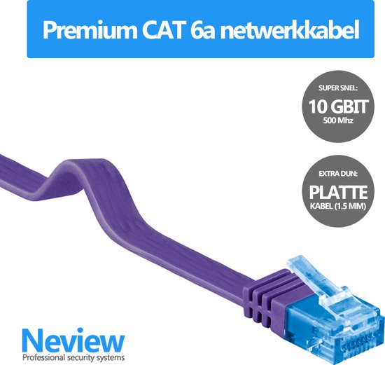 Neview - 1 meter premium platte UTP kabel - CAT 6a - 10 Gbit - 100% koper - Paars - (netwerkkabel/internetkabel)