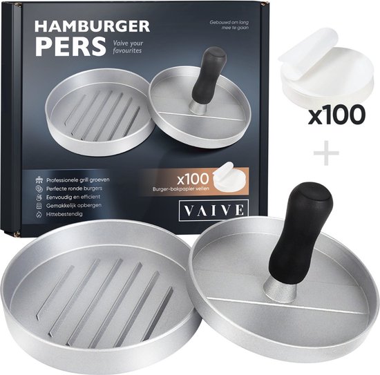 VAIVE Hamburgerpers - Hamburgermaker - Hamburger Pers - Burger Press Smasher - Vetvrij Hamburger Wax Papier - VAIVE