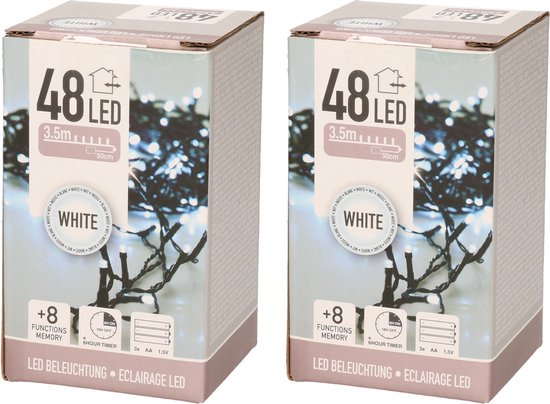 2x Kerstverlichting op batterij helder wit buiten 48 lampjes - Kerstlampjes op batterijen