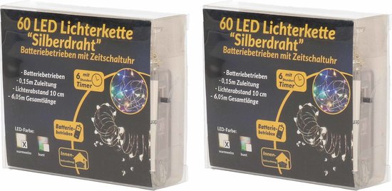 2x Draadverlichting zilver met warm witte LED lampjes 6 meter op batterijen met timer - Kerstverlichting lichtsnoeren