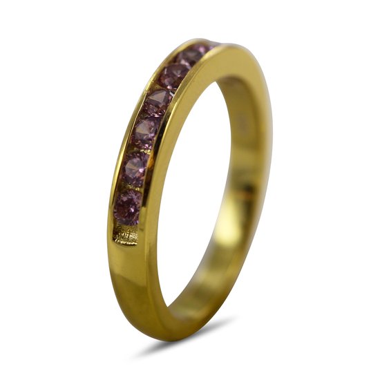 Silventi 9SIL-22098 Zilveren Ring met Zirkonia - Dames - 9 Zirkonia Steentjes - 3 mm - Roze - Maat 56 - 3,5 mm Breed - Zilver - Gold Plated(Verguld/Goud op Zilver)