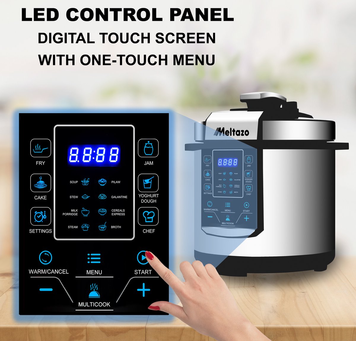 Afbeelding 3 van MELTAZO Multicooker, 6L, 14-in-1 Elektrische Snelkookpan met LED Touch Screen, Pressure Cooker Electrisch, Electric Pressure Cooker, Multicuiseur, Multi cooker, Rijstkoker, Yoghurtmaker, Slowcooker, Soepmaker, Stomer (RVS/Zwart)