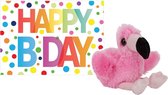 Pluche knuffel flamingo 13 cm met A5-size Happy Birthday wenskaart - Verjaardag cadeau setje - Een knuffel sturen