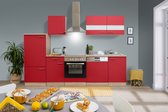 Goedkope keuken 280  cm - complete keuken met apparatuur Merle  - Eiken/Rood - soft close - keramische kookplaat - vaatwasser - afzuigkap - oven    - spoelbak