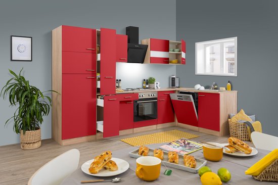 Hoekkeuken 310  cm - complete keuken met apparatuur Merle  - Eiken/Rood - soft close - elektrische kookplaat - vaatwasser - afzuigkap - oven    - spoelbak