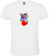 T shirt Wit avec imprimé 'un beau chat/chat coloré' imprimé Blauw /Vert taille L