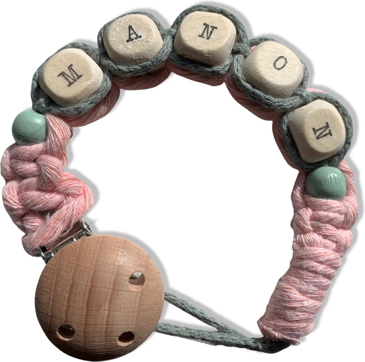 Goedkoopste Gepersonaliseerd Speenkoord 'Bliss' - Roze & Mintgroen - Katoen - Macramé - Handgemaakt in Nederland - Inclusief Verzendkosten - Prijs per Stuk