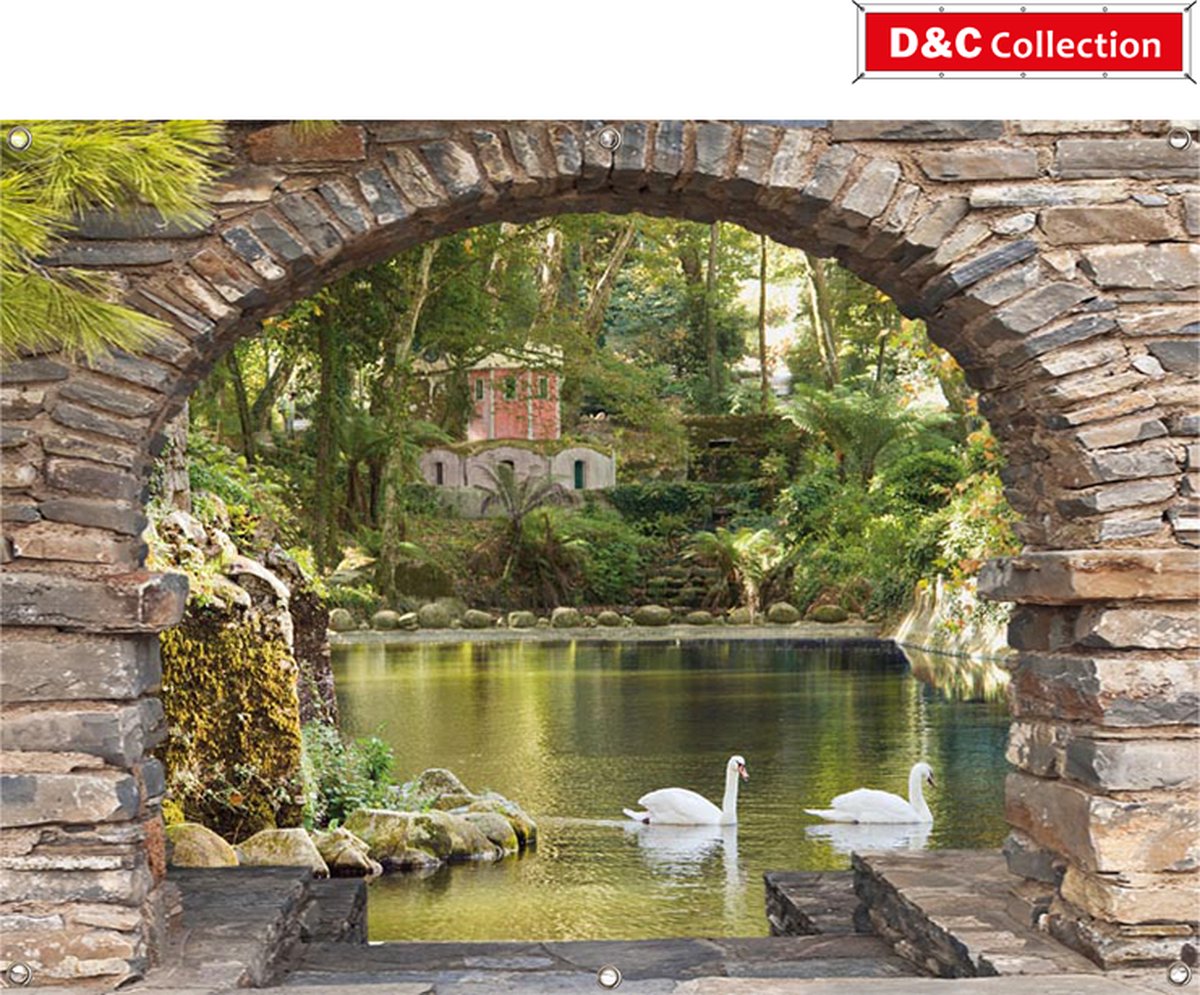 D&C Collection - tuindoek - 130x95 cm - doorkijk - Stenen doorkijk zwanen bij kasteel - tuinposter - tuin decoratie - tuinposters buiten - tuinschilderij - Portugal