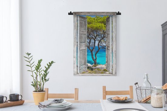 Wandkleed - Wanddoek - Boom - Tropisch - Zee - Doorkijk - Strand - 60x90 cm - Wandtapijt