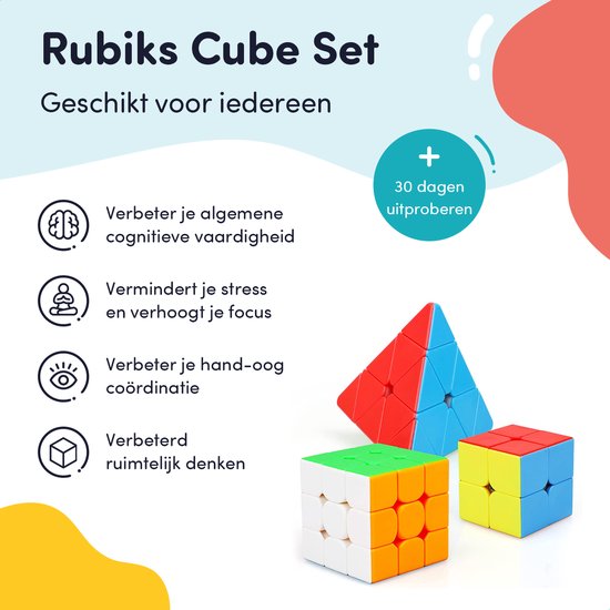 Thumbnail van een extra afbeelding van het spel Keebies Rubiks Speed Cube Set - 3x3 / 2x2 - Pyraminx - Breinbreker - Incl. Solver / Oplossen Handleiding - 3 Pack