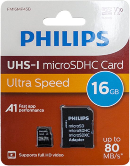 Philips UHS-I microSDHC kaart, 16GB, Ultra Speed, A1, met adapter. Tot 80 MB/s.