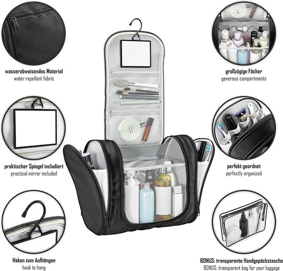 Extra grote capaciteit hangende toilettas voor mannen en vrouwen, draagbare waterdichte badkamer douchetas, lichtgewicht dopp kit scheertas, stevige metalen haak organizer make-up tas, Zwart, Large