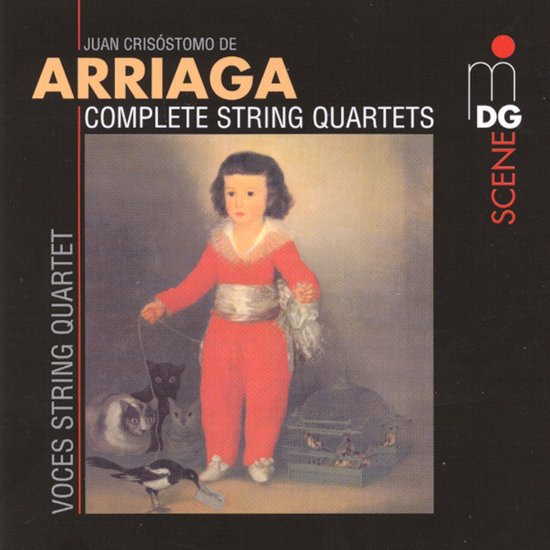 CD hoes met 'Juan Crisóstomo de Arriaga: Complete String Quartets' en schilderij van een kind met dier en vogelkooi.