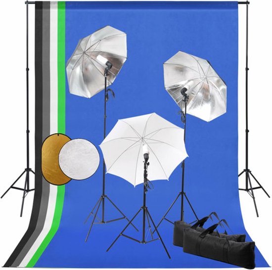 Foto: Vidaxl fotostudioset met lampen paraplu s achtergrond en reflector