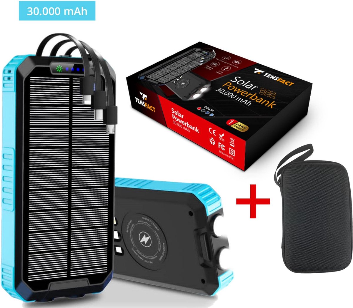 Tensfact® Solar Powerbank 30000 mAh Wireless Charger - met USB C Micro USB en Lightning - Lichtblauw