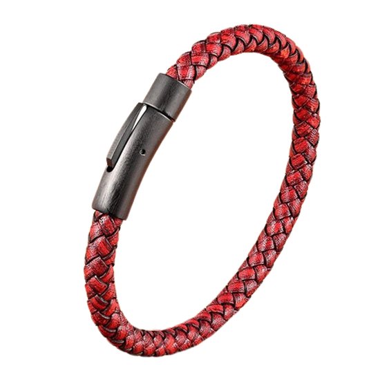 Malinsi Armband Heren - Rood - Gevlochten Leer met RVS Kliksluiting - Armbandje Mannen 21 cm