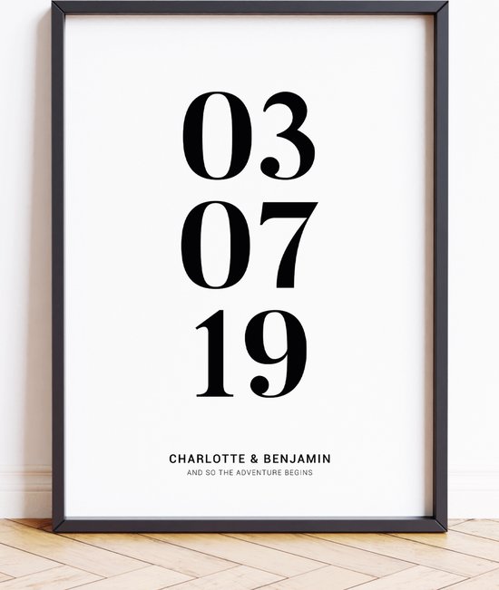 DATE POSTER (A4 - 21 X 29,7 cm) | Gepersonaliseerd met datum | Gepersonaliseerd met naam | Gepersonaliseerde trouwposter | Geboorteposter | Jubileum cadeau | Koppel cadeau | Relatie | Trouwen | Verloving | Samenwonen