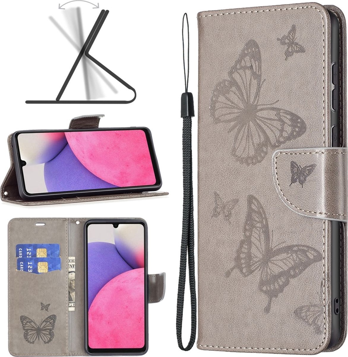 Mobigear Telefoonhoesje geschikt voor Samsung Galaxy A33 Hoesje | Mobigear Butterfly Bookcase Portemonnee | Pasjeshouder voor 2 Pasjes | Telefoonhoesje voor Pinpas / OV Kaart / Rijbewijs - Grijs