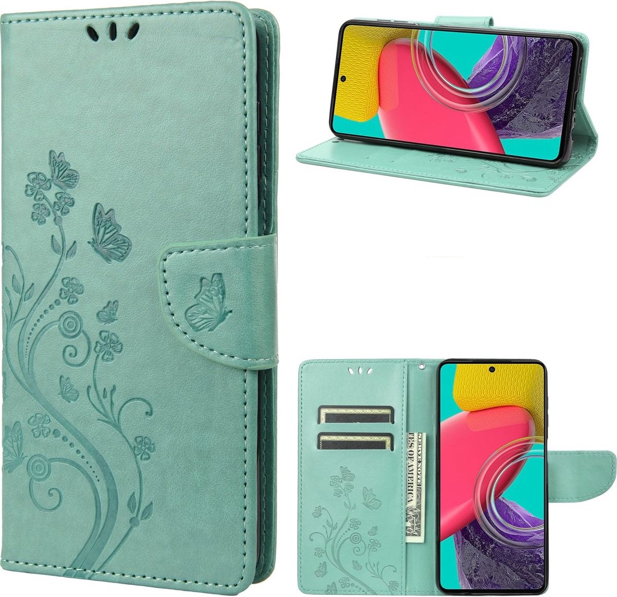 Mobigear Telefoonhoesje geschikt voor Samsung Galaxy M53 Hoesje | Mobigear Flowers Bookcase Portemonnee | Pasjeshouder voor 2 Pasjes | Telefoonhoesje voor Pinpas / OV Kaart / Rijbewijs - Groen