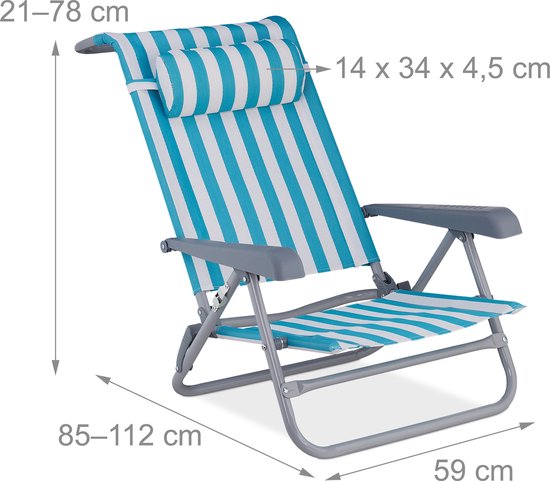 Relaxdays strandstoel opvouwbaar - verstelbaar - laag - 8 standen - armleuningen - strand ligstoel - blauw-wit van Relaxdays — afbeelding 5