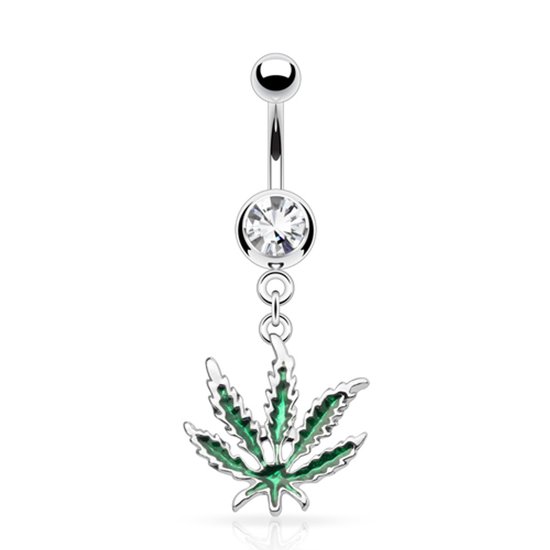 Zilverkleurige navelpiercing met witte steen en hangend groen wietblaadje.