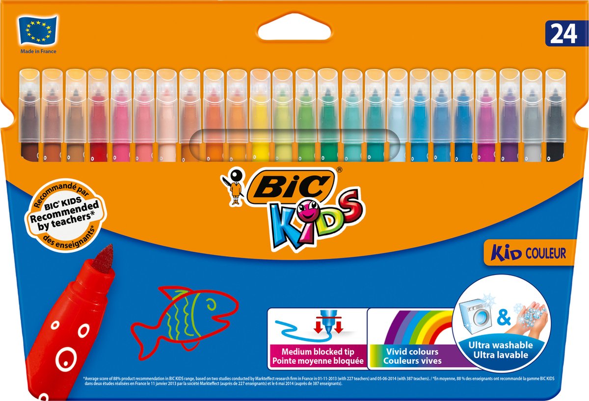 BIC Kids Kid Couleur Feutres de Coloriage à Pointe Moyenne - Couleurs  Assorties, Etui Carton de 36